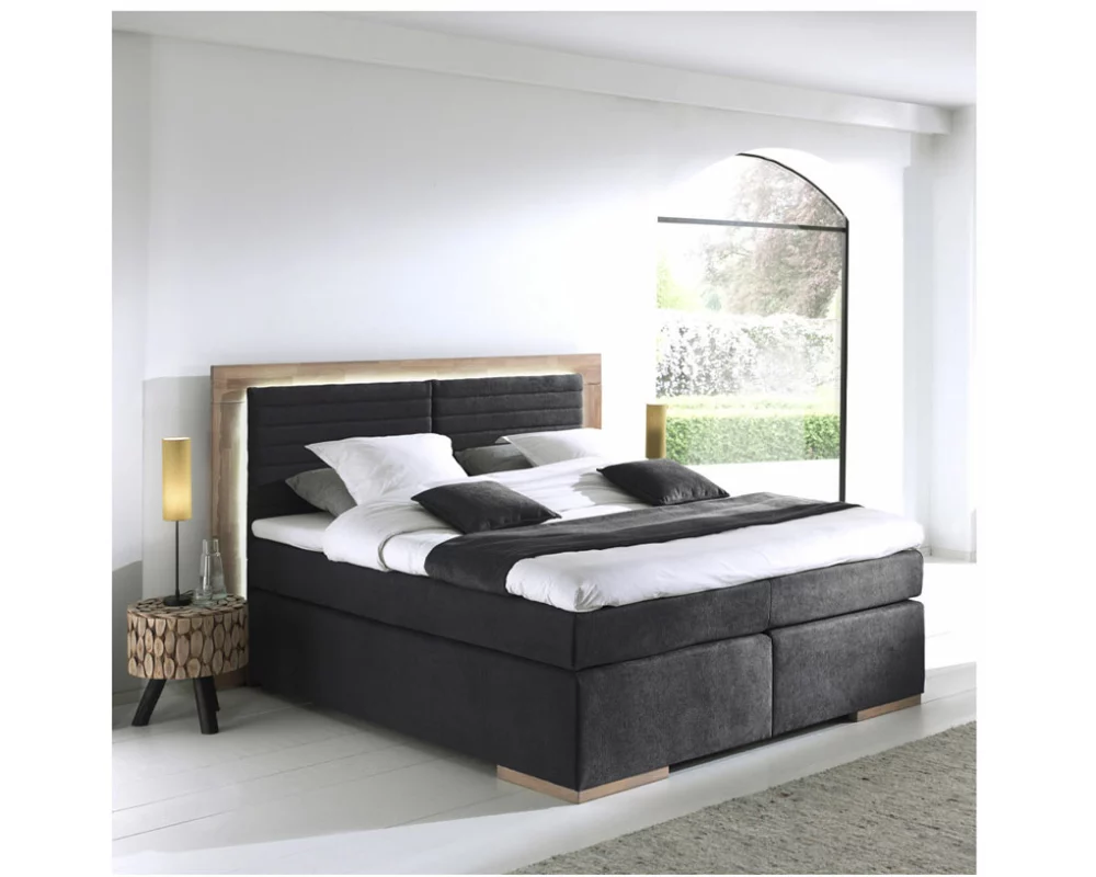 naturoo Boxspringbett Marcel 160x200cm schwarz inkl. Premium Topper & LED Beleuchtung