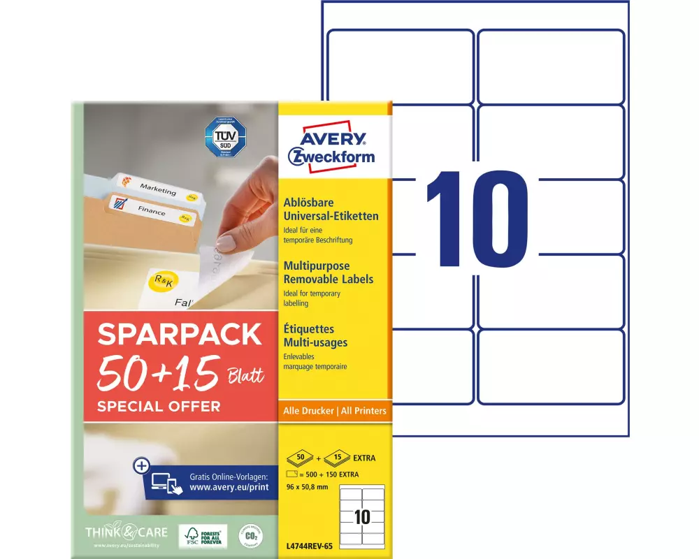 Avery Zweckform Universal-Etiketten L4744REV-65, 96 x 50.8 mm, 65 Blatt