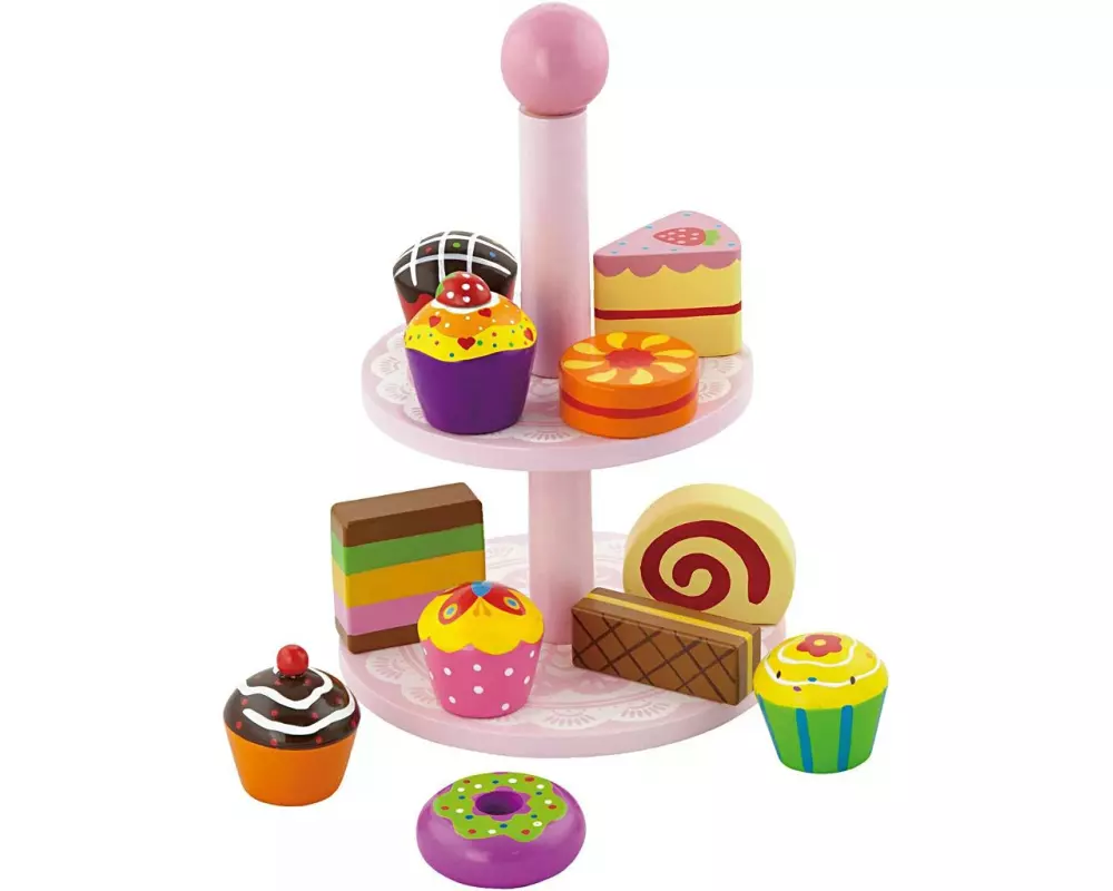 Viga Spiel-Lebensmittel Cupcakes mit Kuchenregal