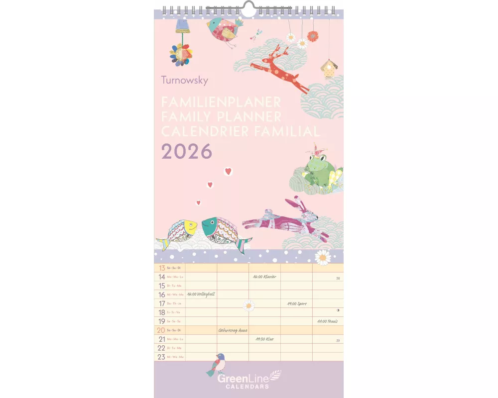 GreenLine - Turnowsky Familienplaner 2026 – Wandkalender 22x45 cm, Familienkalender mit 5 Spalten, 3-sprachigem Kalendarium & nachhaltiger Produktion