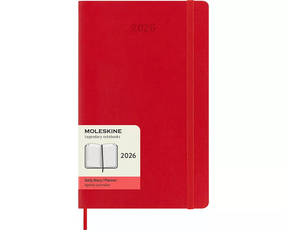 Moleskine 12 Monate Tageskalender 2026, Large/A5, 1 Tag = 1 Seite, Weicher Einband, Scharlachrot