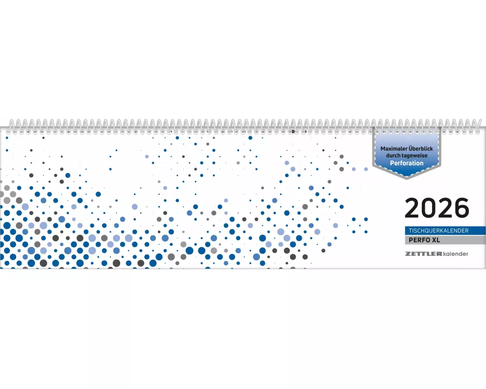 Zettler Tischquerkalender 1W/2S Perfo XL Blau 2026 – Bürokalender 36x11 cm, Wochenkalender mit 1 Woche auf 2 Seiten, Spiralbindung & Stundeneinteilung