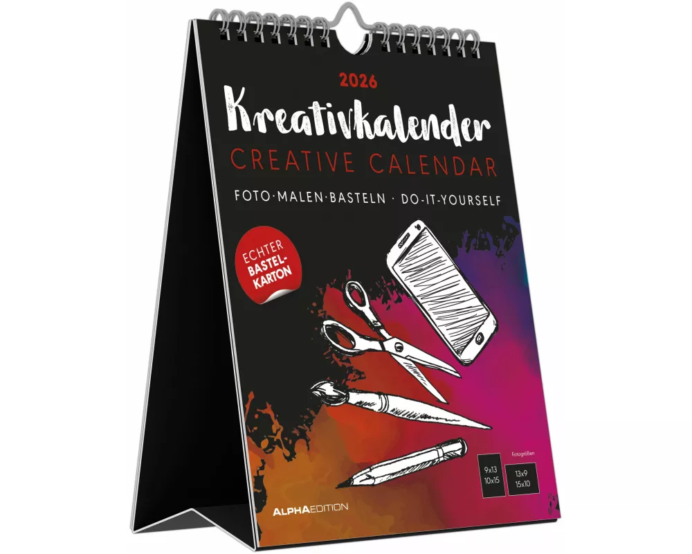Alpha Edition - Kreativ-Kalender Tischaufsteller Hoch Schwarz 2026 – Bastelkalender 16×20 cm mit weißer Schrift, zum Aufstellen & Aufhängen, ideal für