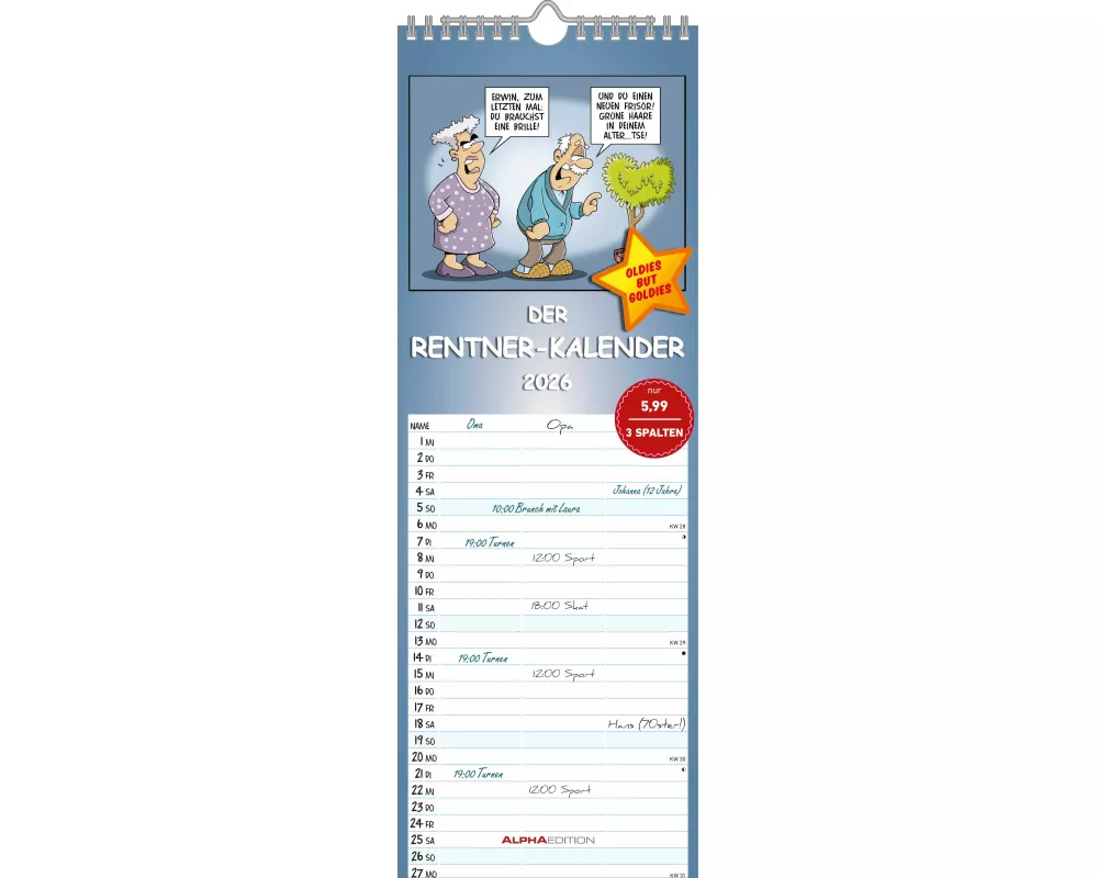 Alpha Edition - Rentnerkalender alle Termine für Oma & Opa 2026 – Streifenkalender 15×42 cm mit 3 Spalten, 100-jährigem Kalender & Pollenflugkalender,