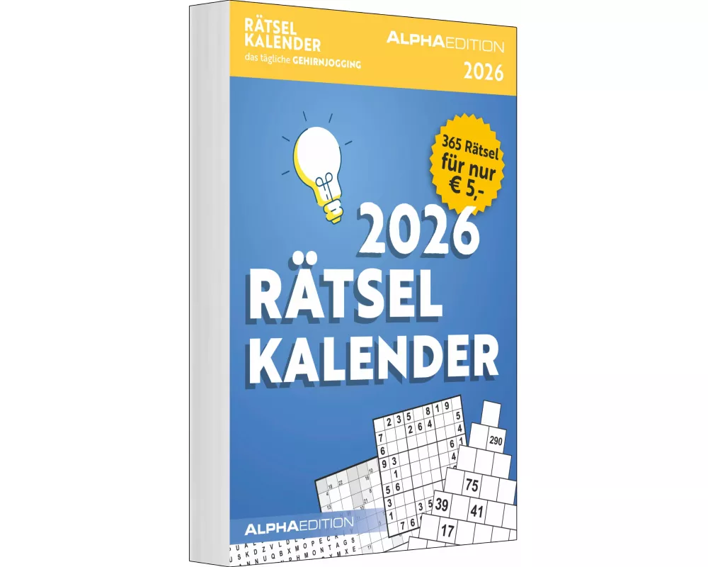 Alpha Edition - Rätselkalender 2026 – Tagesabreißkalender 15×21 cm mit 365 Knobel- & Denksportaufgaben, abwechslungsreicher Tischkalender zum Aufhänge