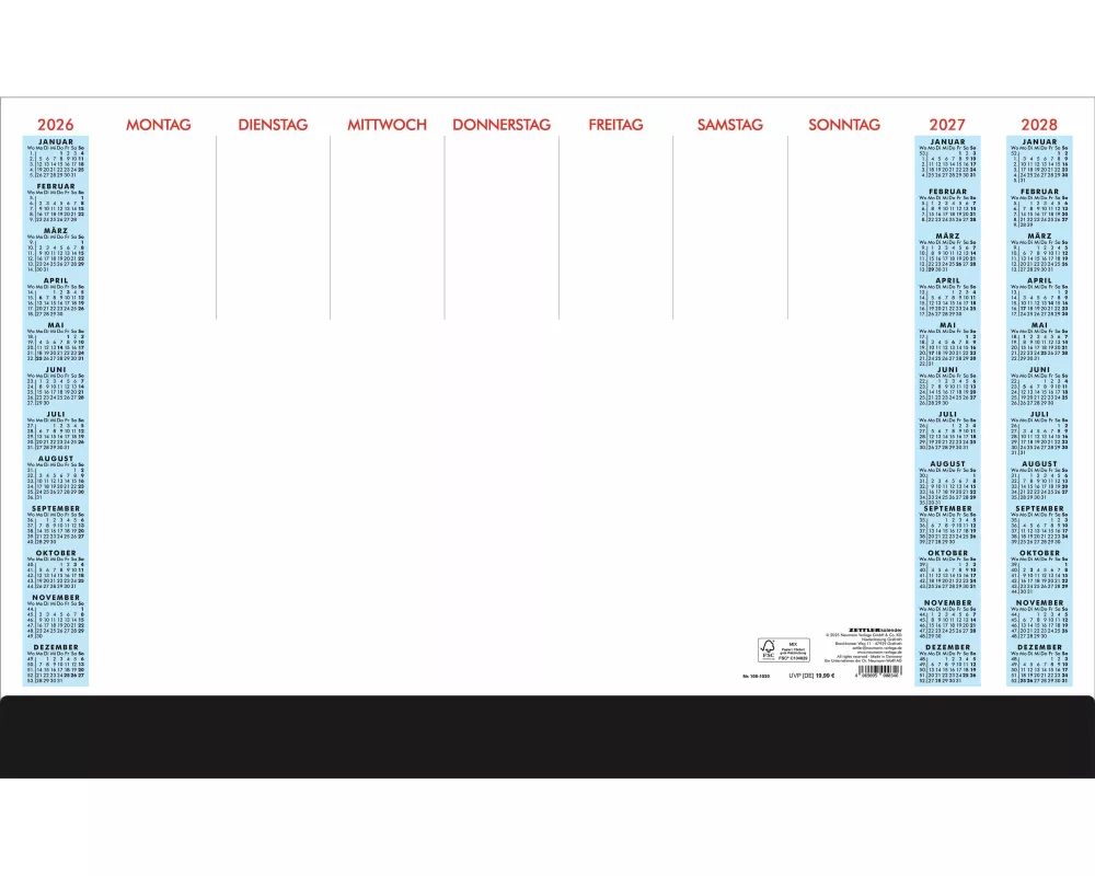 Zettler Schreibunterlage mit Schutzleiste 2026 – Schreibtischunterlage 60 × 37 cm, 36 Blatt mit 4,5 cm Schutzleiste, Wochenplaner undatiert, Dreijahre
