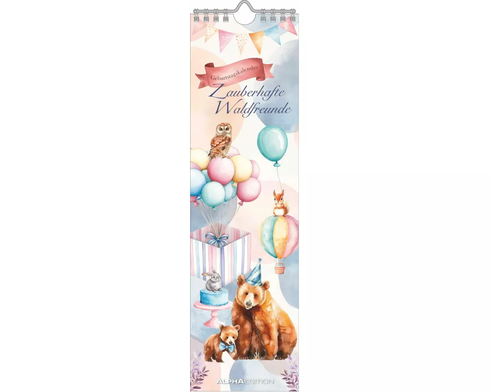 Alpha Edition - Geburtstagskalender Zauberhafte Waldfreunde – Immerwährender Streifenkalender 9,5×33 cm, nachhaltiges Design für Geburtstage & Jahrest
