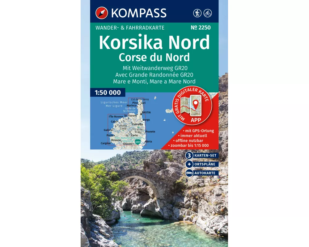 KOMPASS Wanderkarten-Set 2250 Korsika Nord, Corse du Nord, Weitwanderweg GR20 (3 Karten) 1:50.000