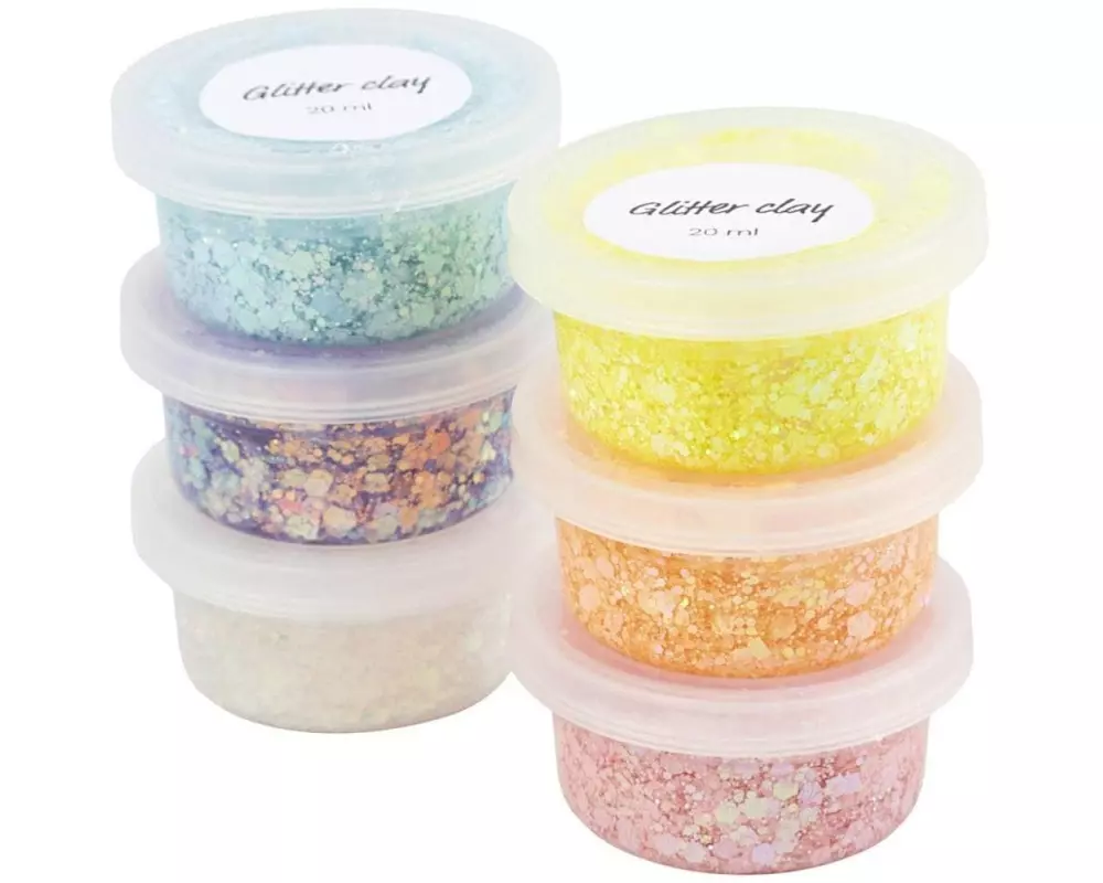 Creativ Company Modelliermasse Glitter Clay 6 x 20 ml, Pastellfarben
