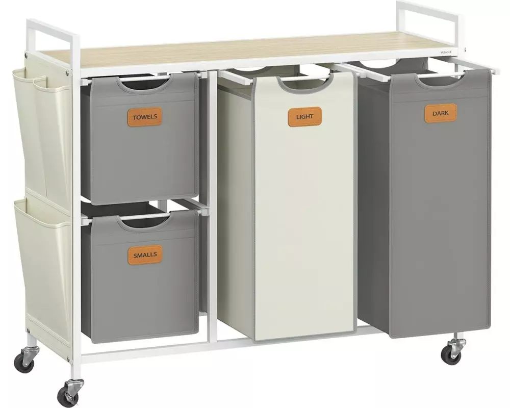 VASAGLE Wäschekorb mit 4 Körben 150 l, Beige/Taubengrau/Weiss