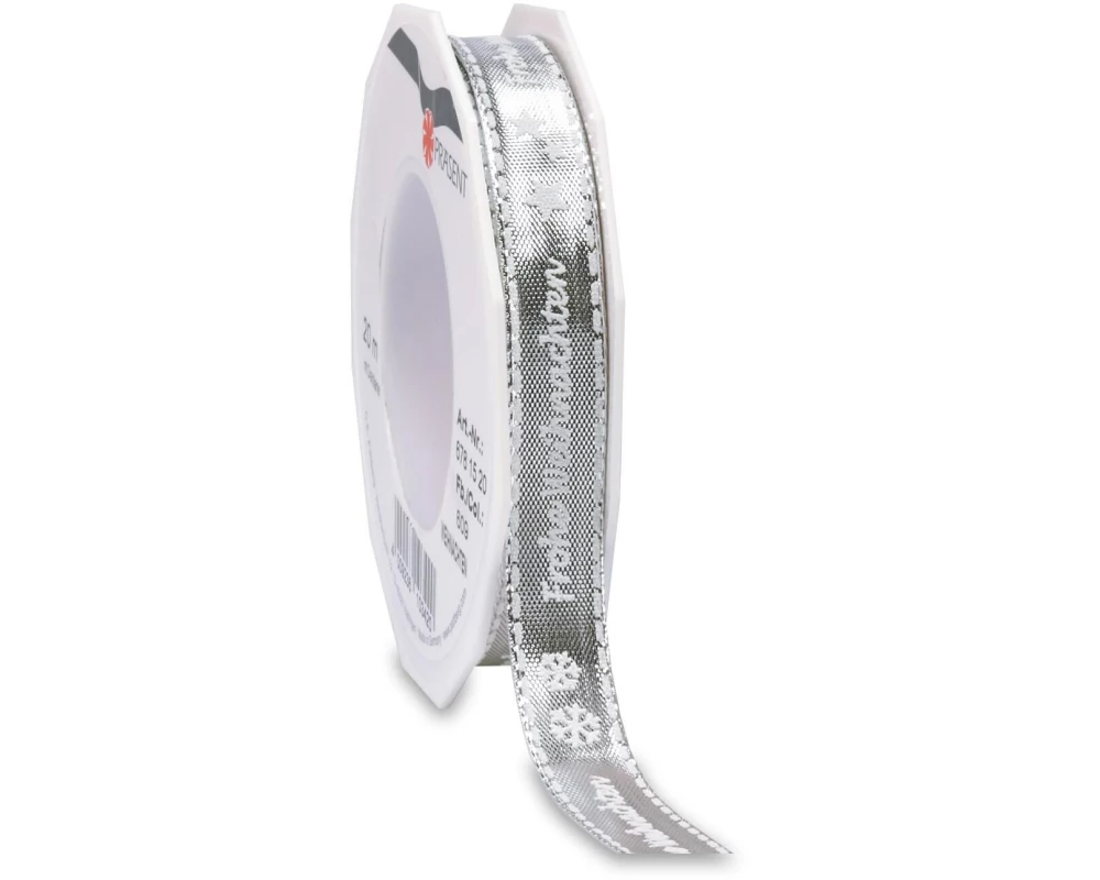 Pattberg Geschenkband Frohe Weihnachten 1.5 cm x 20 m, Silber