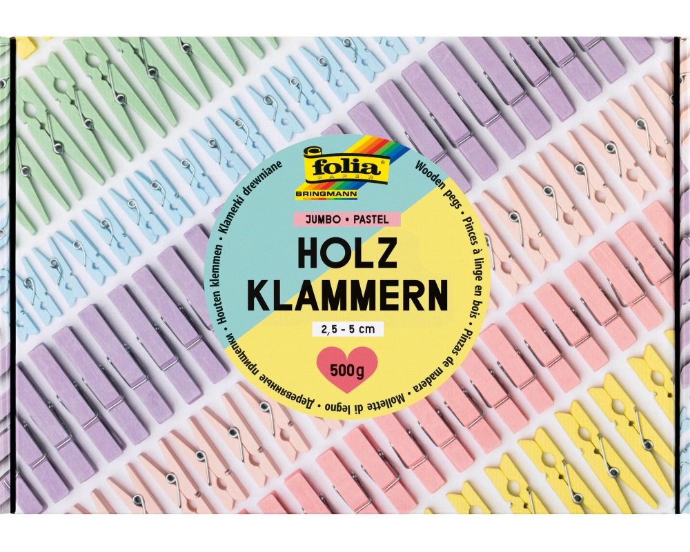 Folia Holzklammern PASTEL, Jumbo Pack, 500 g, 2.5 - 5 cm, sortiert