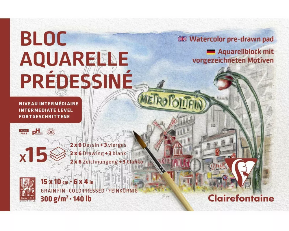 Aquarellblock 10x15 cm mit vorgezeichneten Motiven, 15 Blatt 300g, Motiv Paris