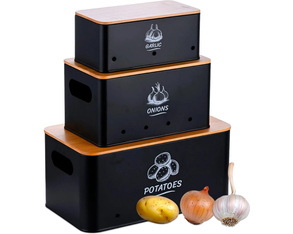 relaxdays Kartoffelbehälter 3er Set, Schwarz/Braun