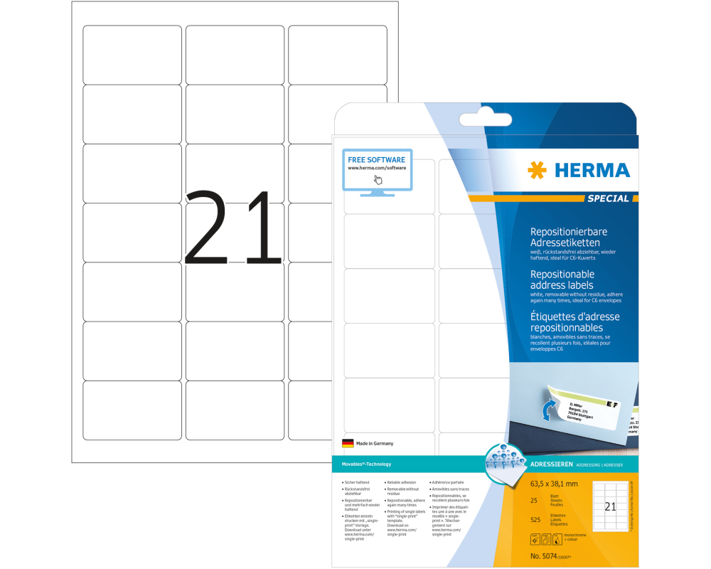 HERMA Etiketten Movables 63,5x38,1mm 5074 weiss,non-perm. 525 St./25 Bl.