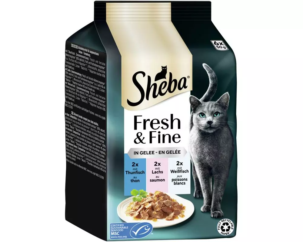 Sheba Nassfutter mit Thunfisch, Lachs und Weissfisch, 6 x 50g