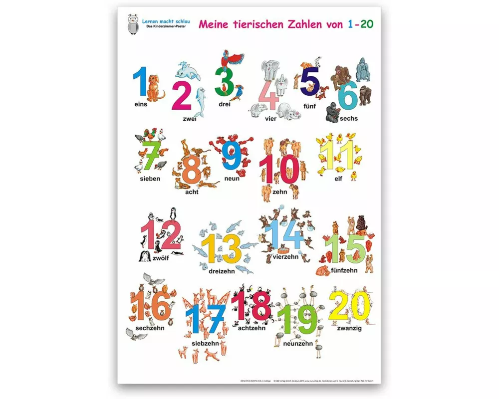 Meine tierischen Zahlen von 1-20. Poster 100 x 70 cm