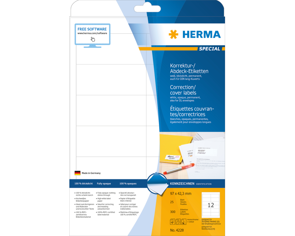 HERMA Etiketten SPECIAL 97x42.3mm 4228 weiss,perm. 300 St./25 Bl.