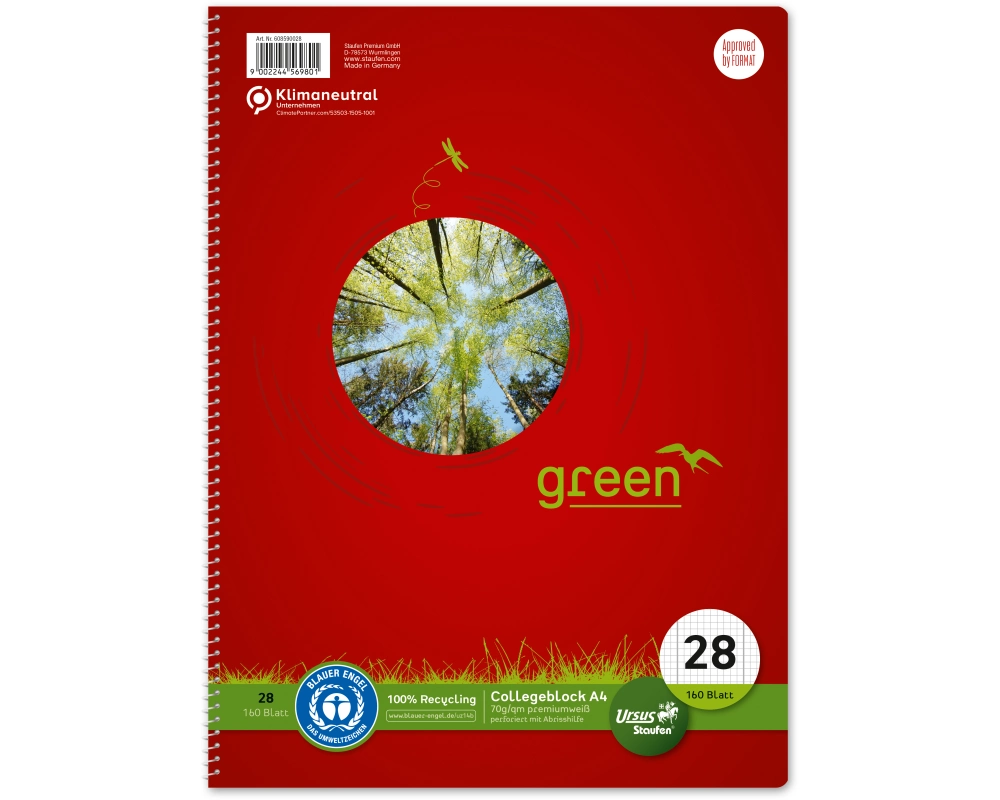 URSUS Collegeblock green A4 608590028 kariert 5mm, 70g 160 Blatt
