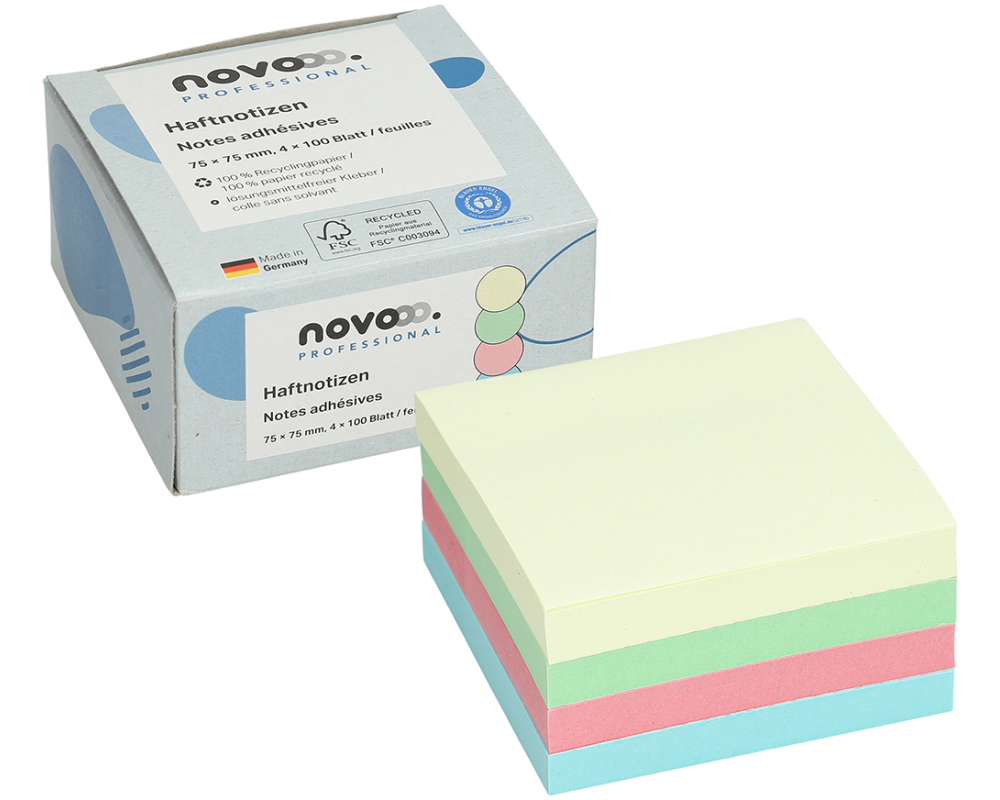 NOVOOO Haftnotizen Recycling 75x75mm 5654-88box-4 assortiert 4x100 Blatt