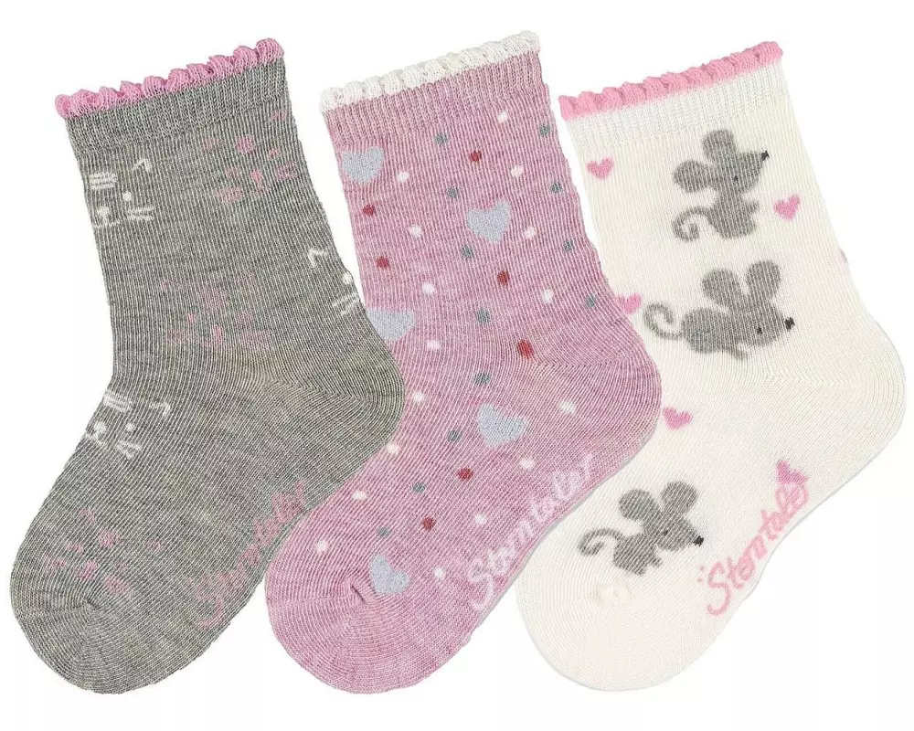 Sterntaler Socken 3er Set Katze/Maus Hellgrau/Rosa/Beige Gr. 27-30