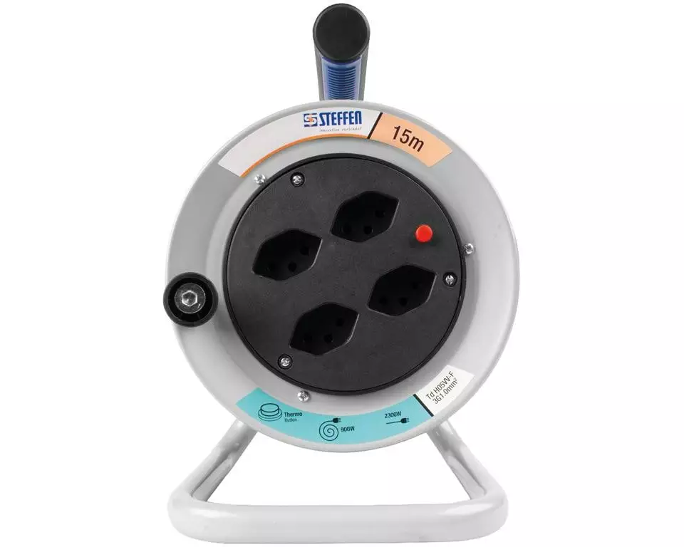 STEFFEN Kabelbox Metall Kabelrolle 4x T13 15m Grau Schwarz