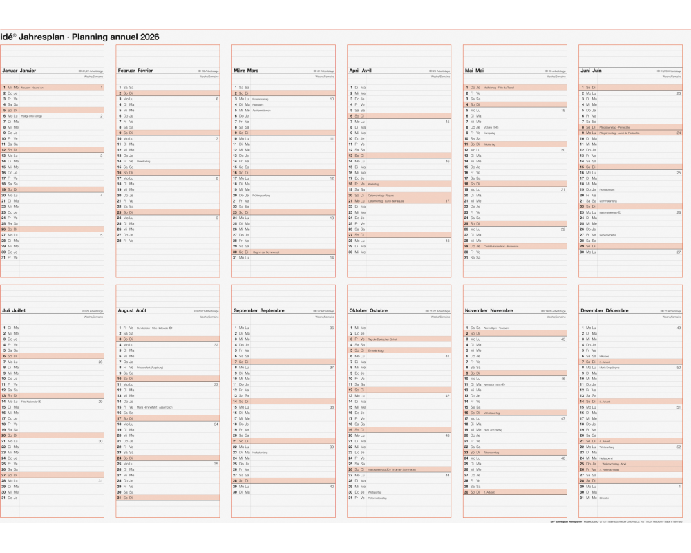 RIDOIDE Jahresplaner m. Notizraum 2026 7033650006.26 1J/1S DE/FR 86x61cm