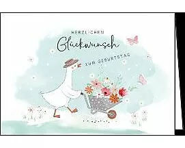 Doppelkarte. Zum Geburtstag (Gans mit Schubkarren)