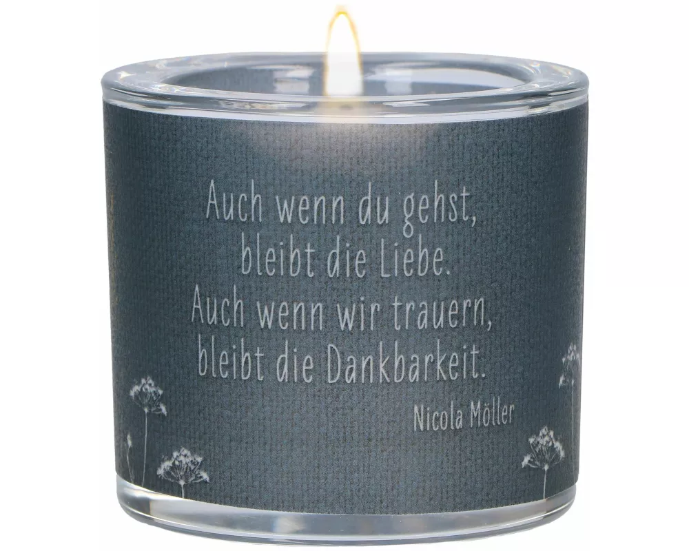 Butzon & Bercker Glaswindlicht zur Trauer Ø 6,5 cm – mundgeblasenes Windlicht mit farbig bedrucktem Pergamentumleger, Lieferung in grüner Geschenkverp