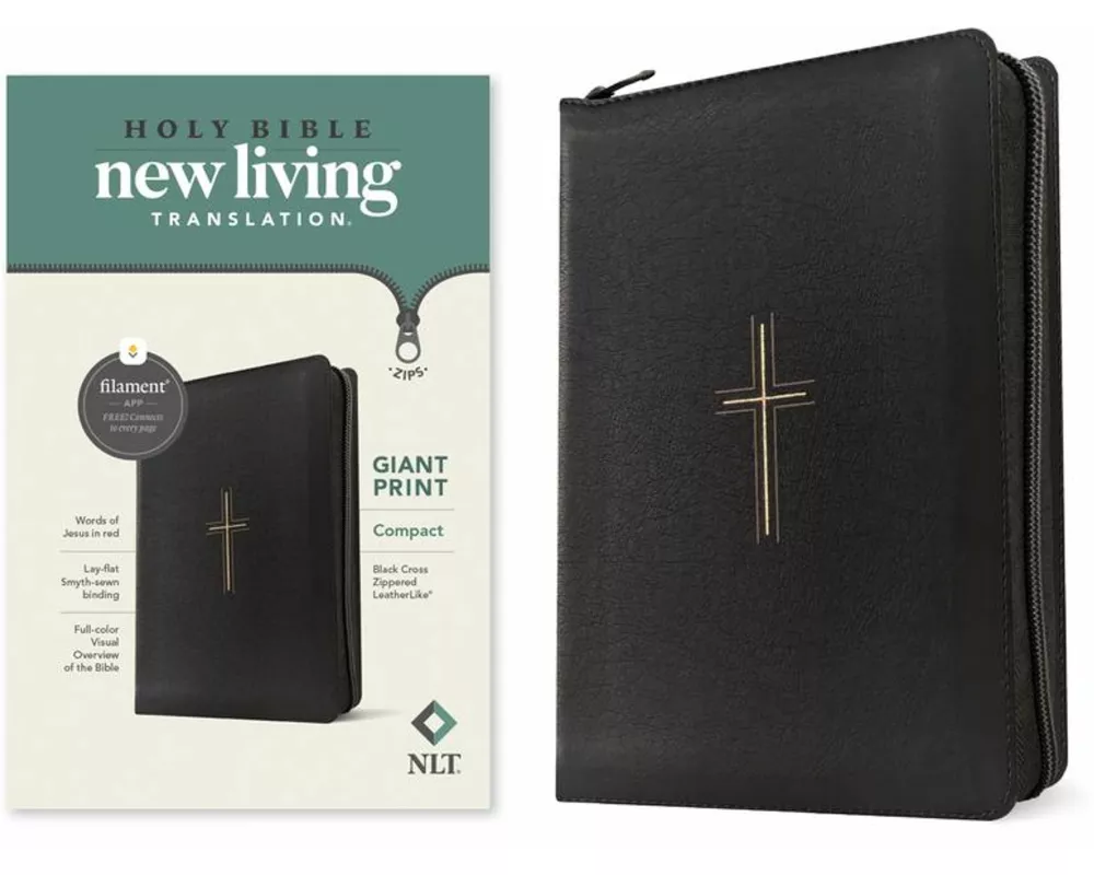 NLT Compact Giant Print Zipper Bible, Filament Enabled (Leatherlike, Black Cross, Red Letter)
