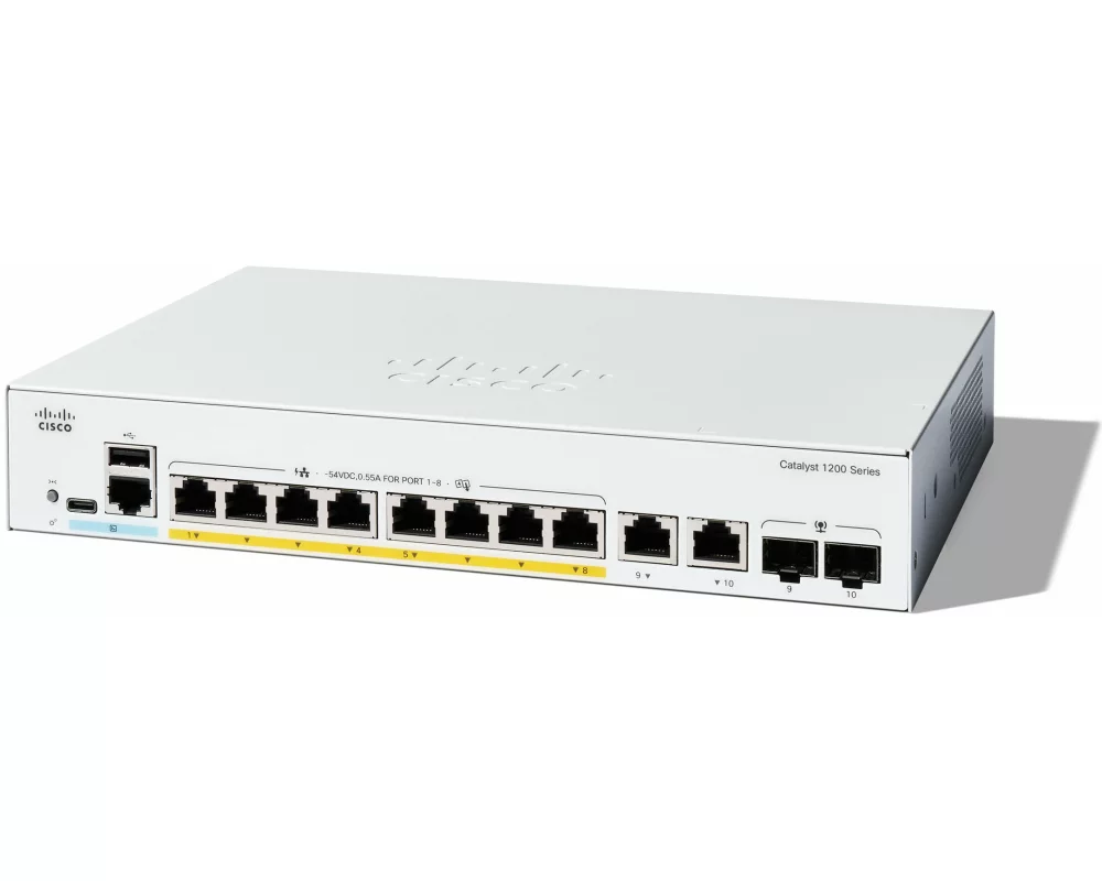 Cisco Catalyst 1200 8-Port Switch, PoE+ with 67W power budget, 2 x 1G SFP Uplinks, external power supply