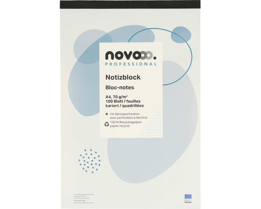 NOVOOO Notizblock recycling A4 694729 kariert 4mm, 70g 2x100 Blatt