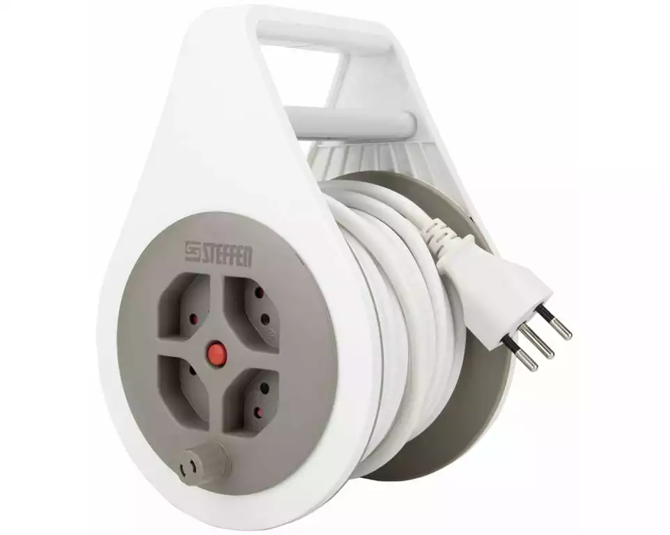STEFFEN Kabelrolle mit Griff 4 x T13, Weiss / Grau, 7 m Kabel