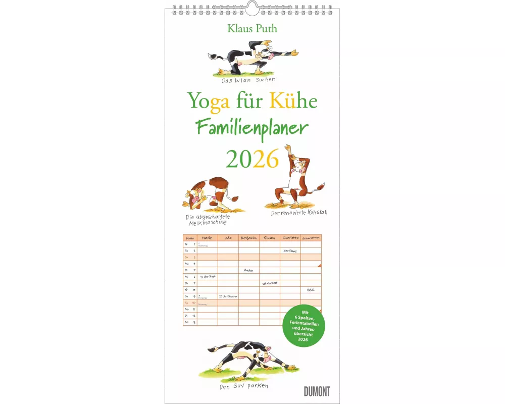 DUMONT - Yoga für Kühe Familienplaner 2026 – Wandkalender 22 x 50 cm – Lustiger Familienkalender mit 6 Spalten von Klaus Puth