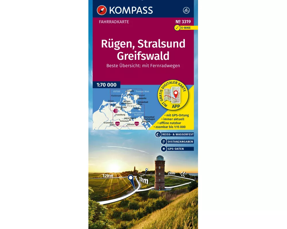 KOMPASS Fahrradkarte 3319 Rügen, Stralsund, Greifswald 1:70.000