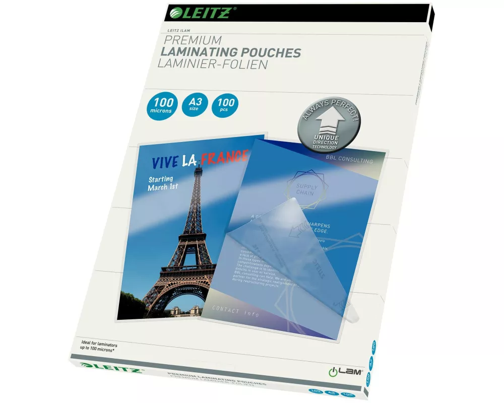 Leitz Laminierfolie Premium A3, 100 µm, 100 Stück, Glänzend