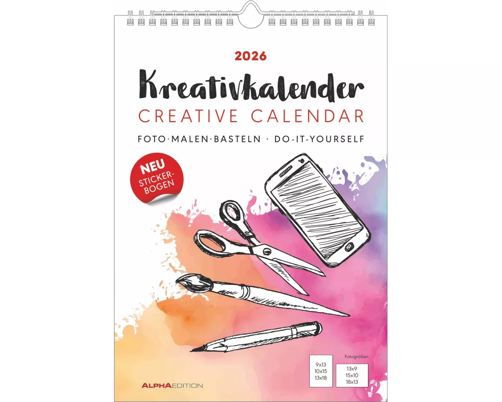 Alpha Edition - Kreativ-Kalender A4 Weiß 2026 – Bastelkalender (21×29,7 cm) mit Platz für Fotos & individuelle Gestaltung, inkl. Stickerbogen, weißer
