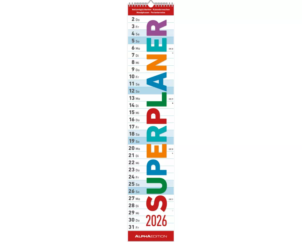 Alpha Edition - SUPERPLANER 2026 – Streifenkalender 17×85 cm mit viel Platz für Notizen & Ferienterminen, übersichtlicher Langplaner & Wandkalender fü