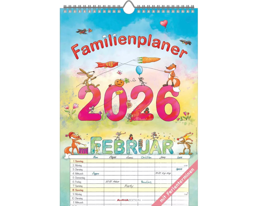 Alpha Edition - Familienplaner Cartoon 2026 – Bildkalender 23,7x34 cm – 6 Spalten für Termine – Kalender mit Platz für Notizen & vielen Zusatzinformat