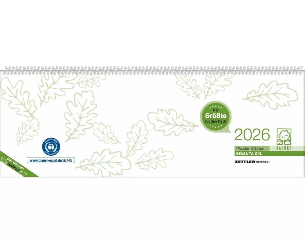 Zettler Tischquerkalender Giganta XXL 1W/2S Blauer Engel 2026 – Bürokalender 42x15 cm aus Recyclingpapier, Blauer Engel zertifiziert, 1 Woche auf 2 Se