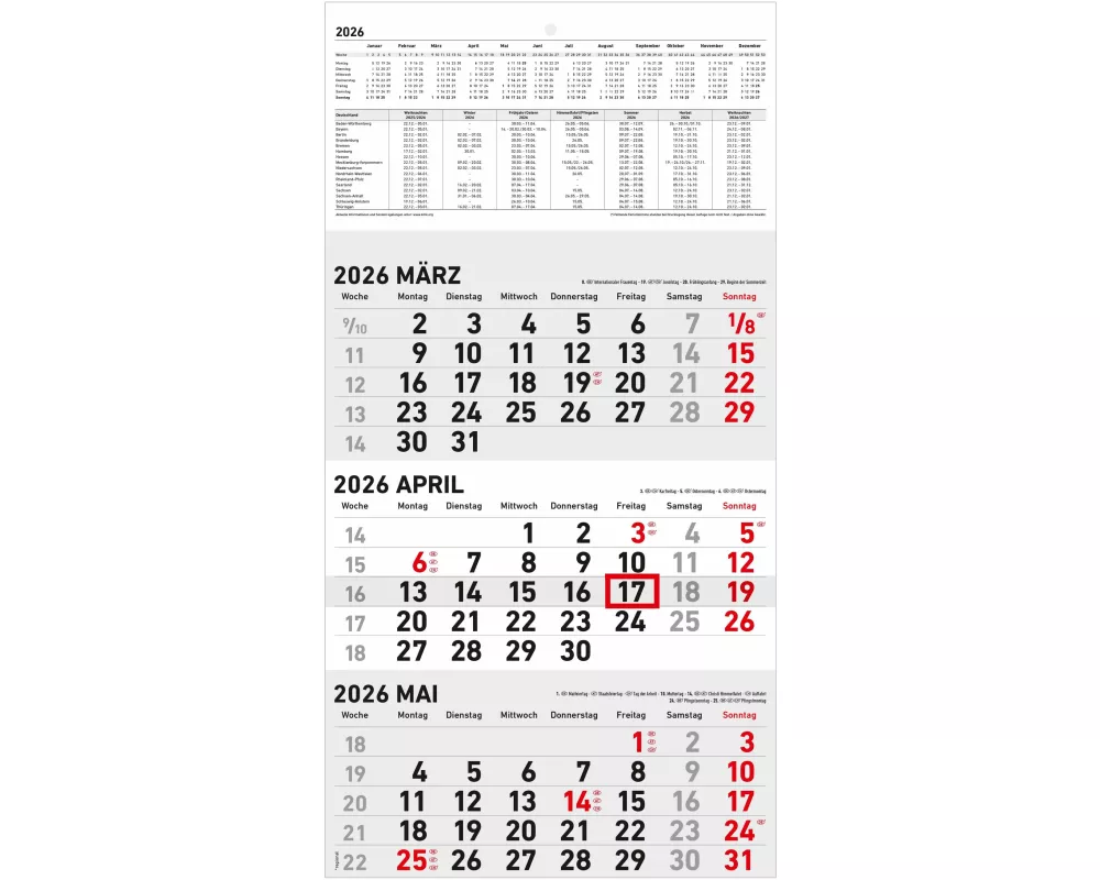 Zettler 3-Monatskalender klein 2026 – Wandkalender 24 × 34 cm faltbar, 3 Monate auf 1 Blatt mit Datumschieber, Wochenzählung, Mondphasen, Feiertage, L