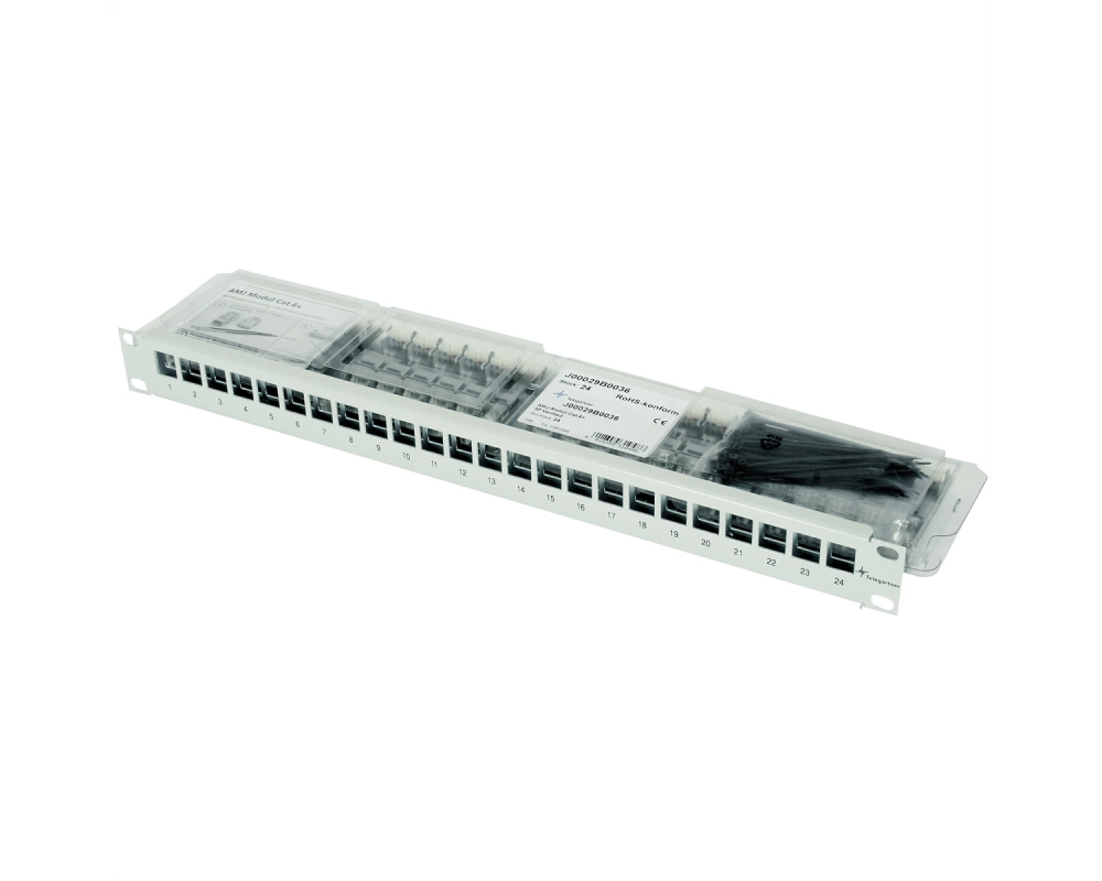 TELEGÄRTNER 19"-Modulträger 1 HE, mit 24 AMJ-Modulen Cat.6A (Class EA) (ISO/IEC), schwarz