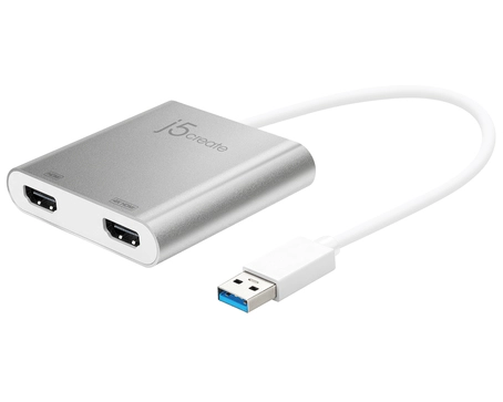 j5create JUA365 USB 3.0 to Dual HDMI Multi-Monitor Adapter, Silver. USB version: 3.2 Gen 1 (3.1 Gen 1), USB connector type: USB Type-A, USB connector gender: Male. Product colour: Silver, Housing material: Aluminium. Power consumption (max): 2 W, Output voltage: 5 V. Windows operating systems supported: Windows 10, Windows 7, Windows 8, Windows 8.1, Yes, Mac operating systems supported: Mac OS X 10.10 Yosemite, Mac OS X 10.11 El Capitan, Mac OS X 10.12 Sierra, Mac OS X 10.13 High..., Minimum pr