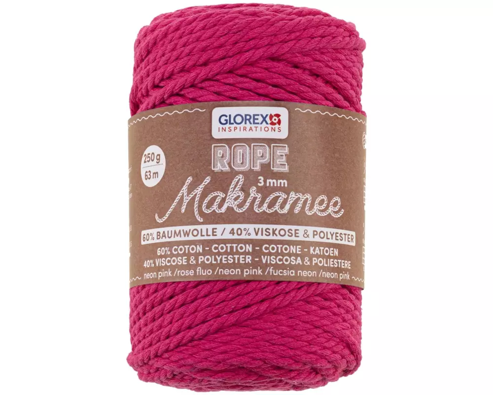 Glorex Wolle Makramee Rope gedreht 63 m x 3 mm, 250g, Neonpink