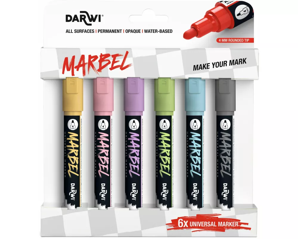 MARBEL Set mit 6 Universalmarkern Acrylfarben, Rundspitze medium 4mm, Pastellfarben