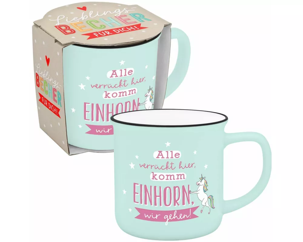 Becher in Emailloptik " Alle verrückt hier, komm Einhorn wir gehen