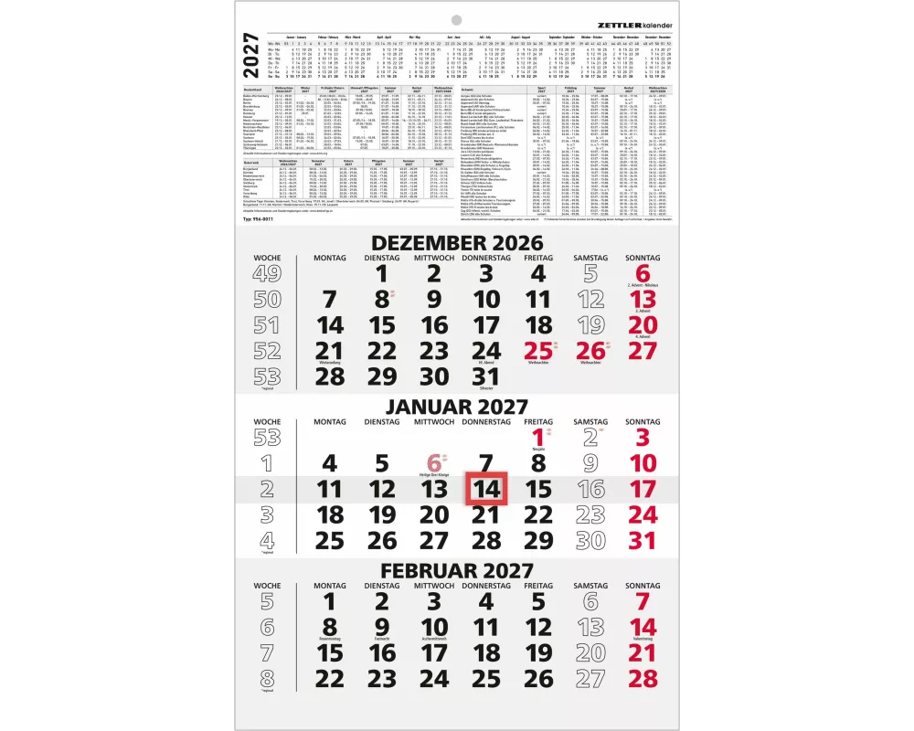 3-Monatskalender schwarz/rot 2027