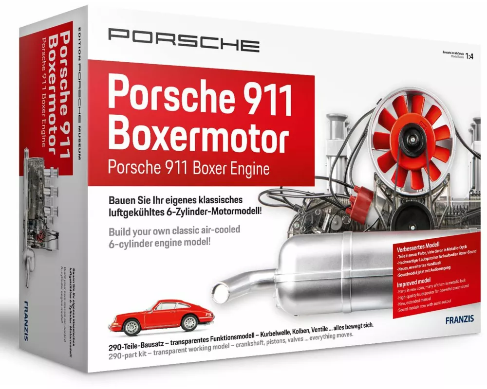 FRANZIS 67224 - Porsche 911 Boxermotor. 200-Teile-Bausatz, transparentes Funktionsmodell, bewegliche Kurbelwelle, Kolben und Ventile, inkl. reich bibl