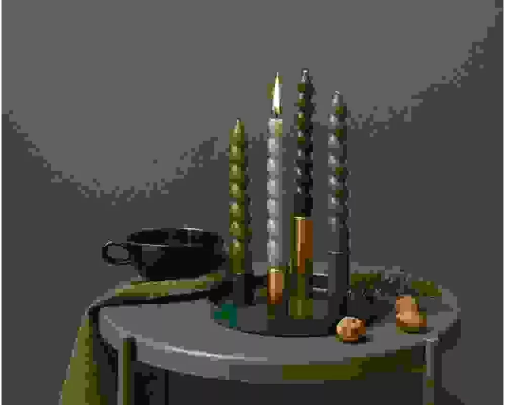 Metalltablett mit 4 Kerzenhaltern, Grün-Gold