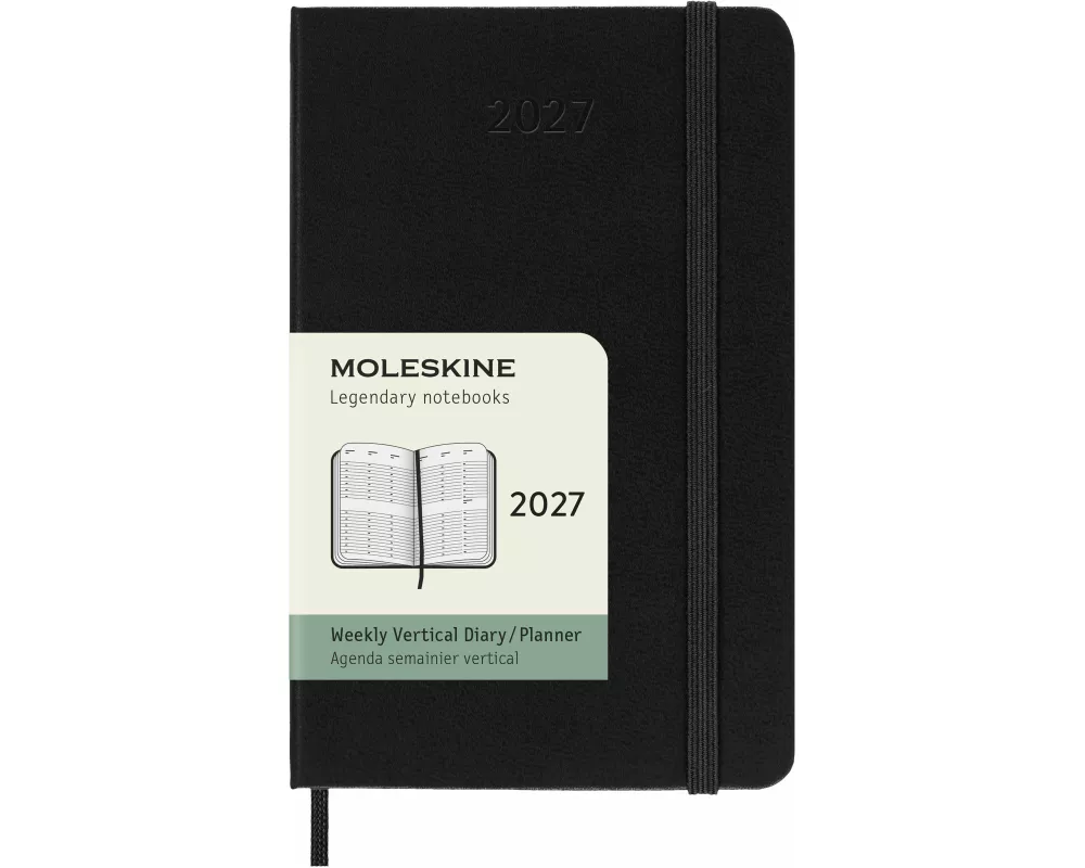 Moleskine 12 Monate Wochenkalender 2027, Pocket/A6, 1 Wo = 2 Seiten, vertikal, fester Einband, schwarz